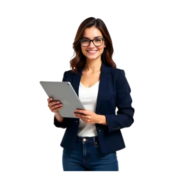 Freelance digital marketing expert with tablet, business casual attire, confident and approachable.